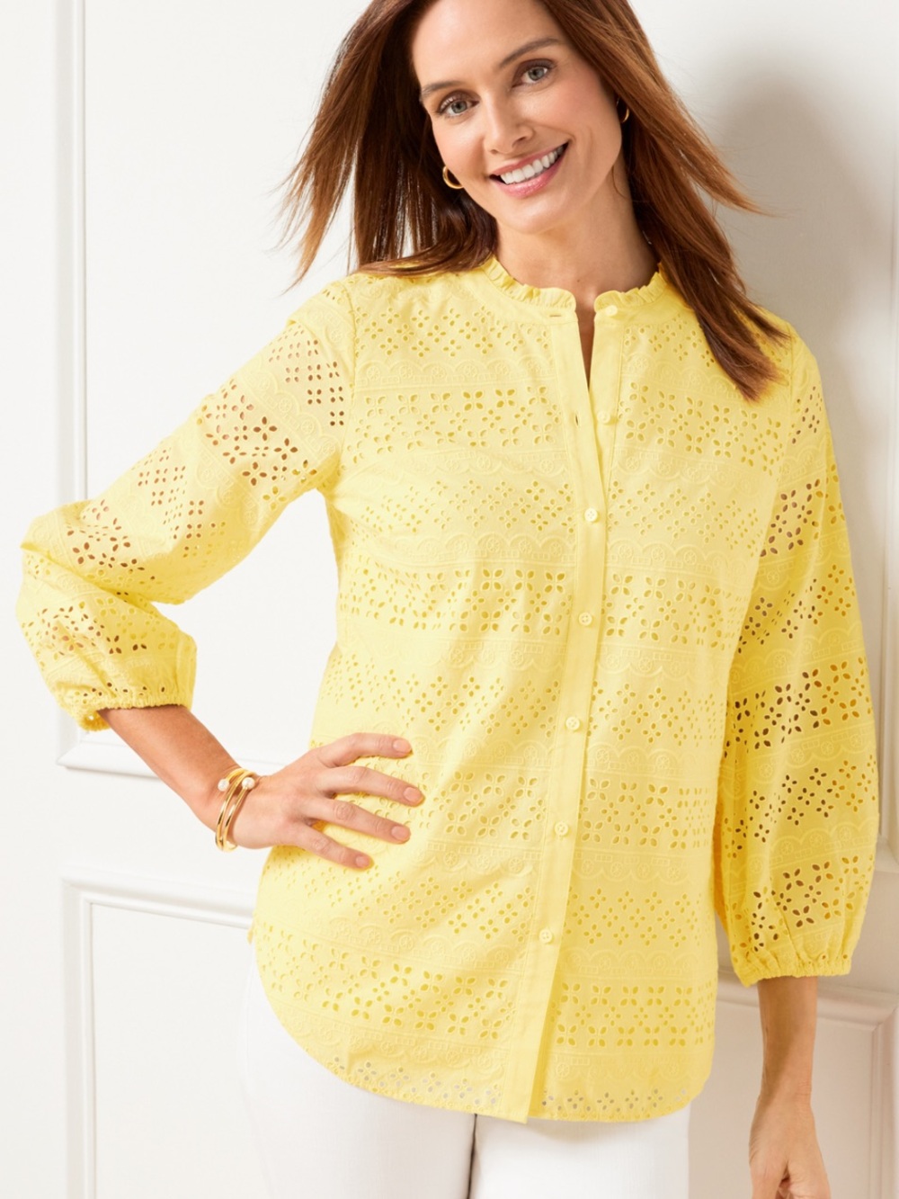 NEW Talbots Butter Yellow Eyelet Lace Button Front Top Size Medium Blouse.  20